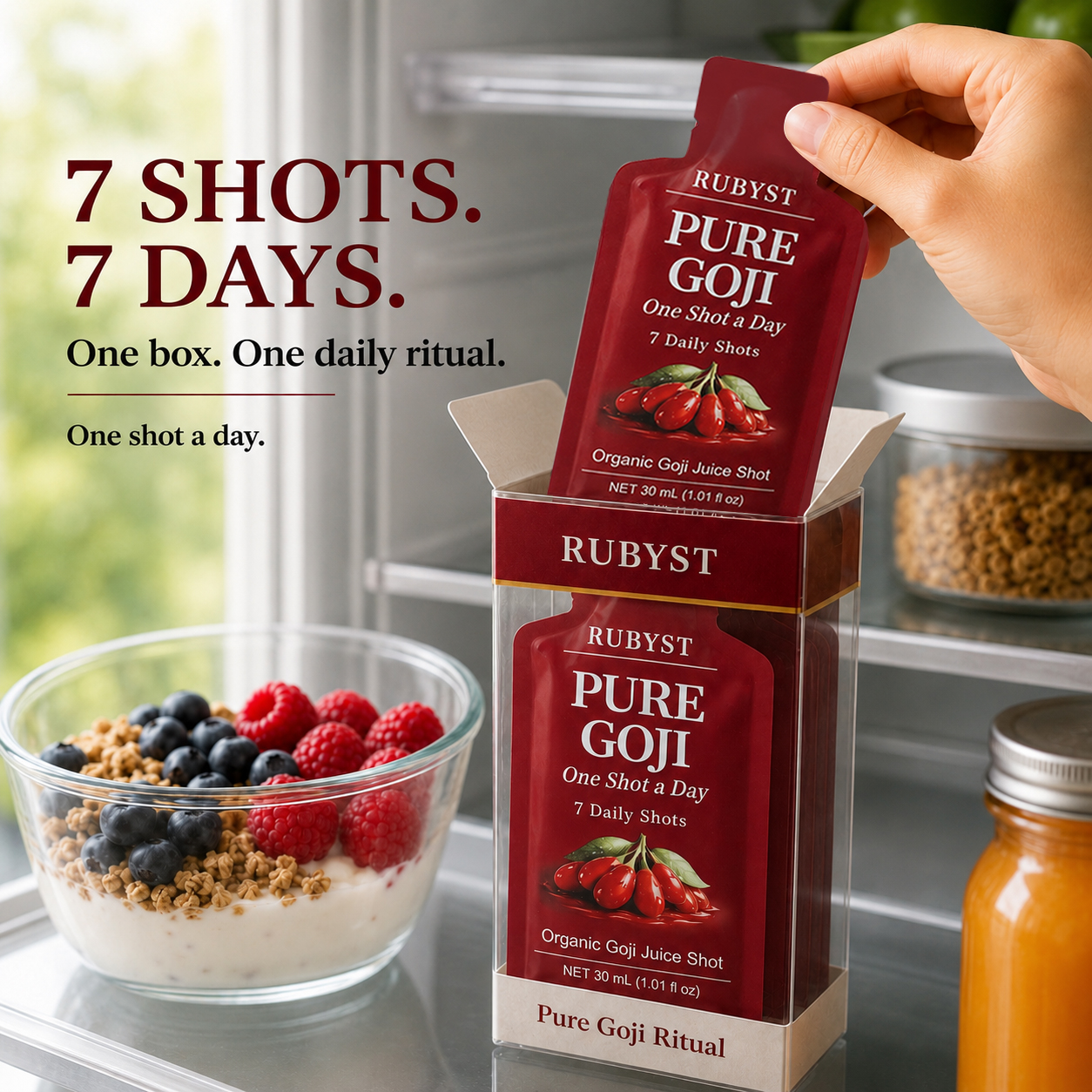 RUBYST Pure Goji 7-Day Ritual in a refrigerator