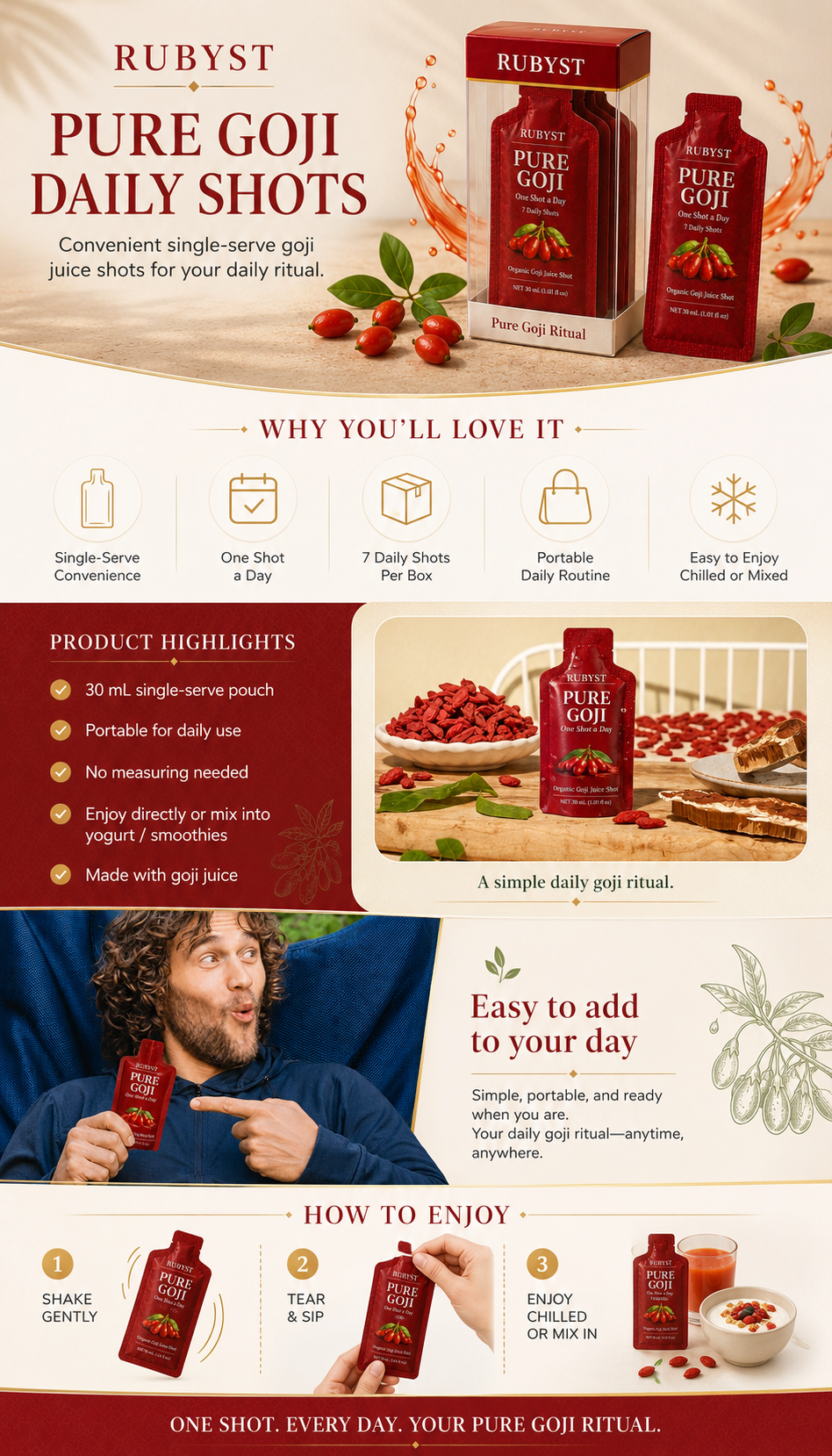 RUBYST Pure Goji Daily Shots product guide with benefits, highlights, serving ideas, and daily-use instructions