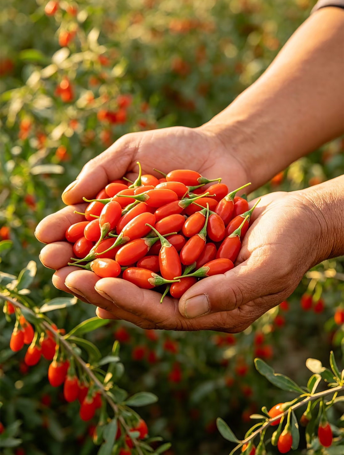 Fresh goji berries held in two hands at harvest