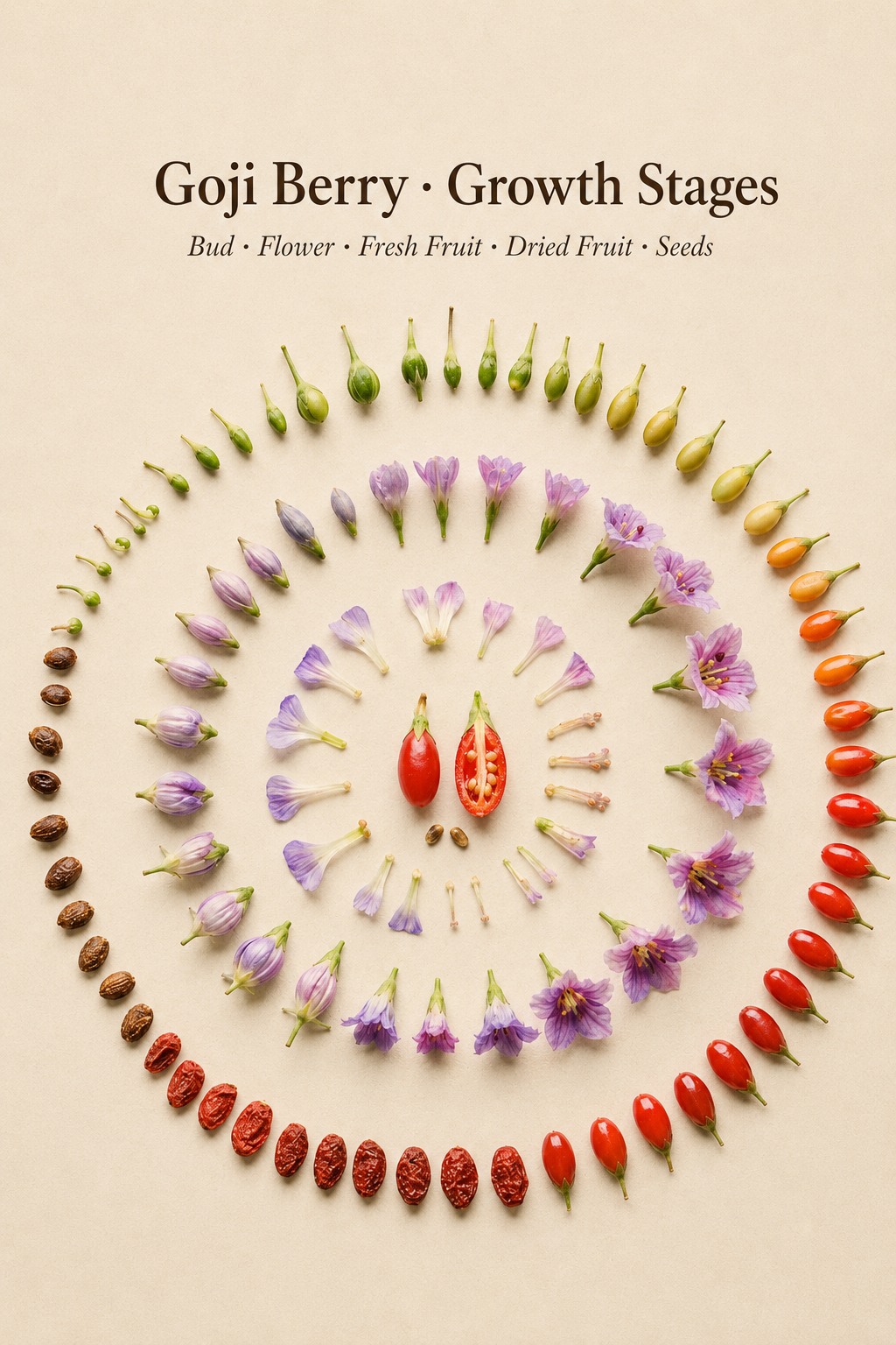 Goji growth stages arranged from seed and bud to flower, fresh fruit and dried fruit