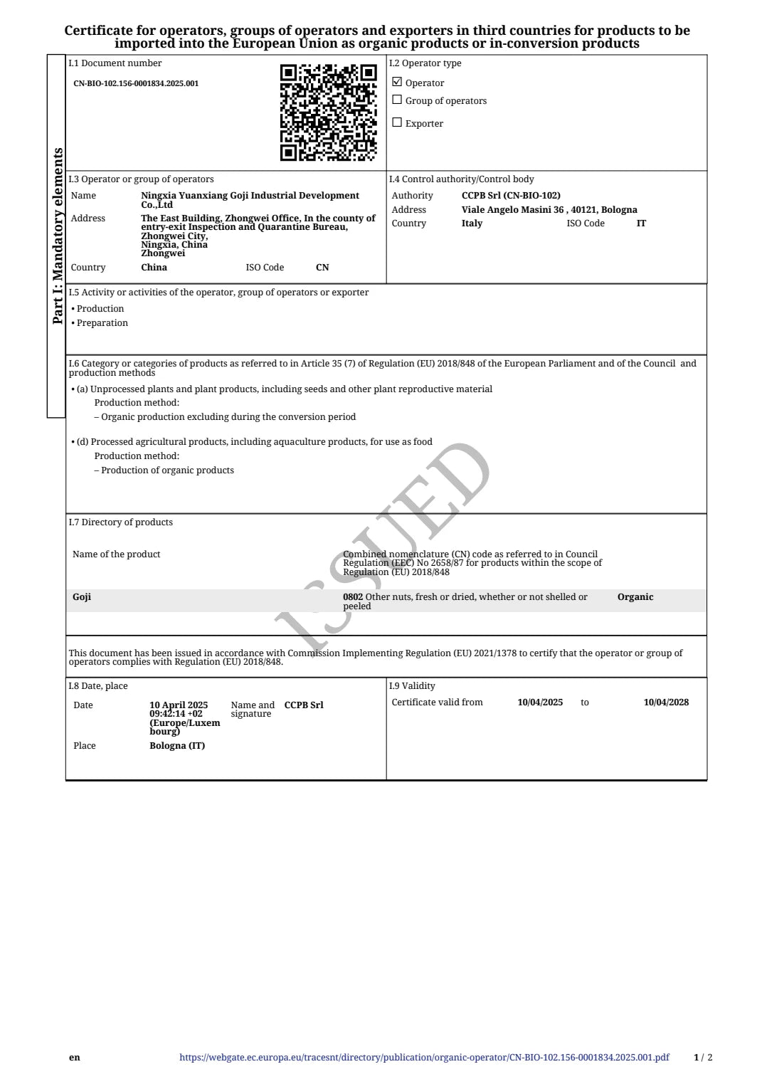EU organic certificate page 1