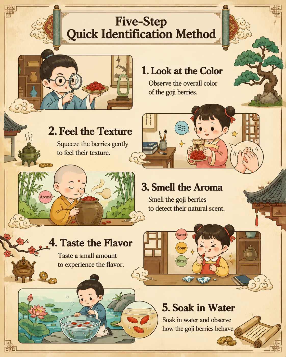 Five-step goji identification method