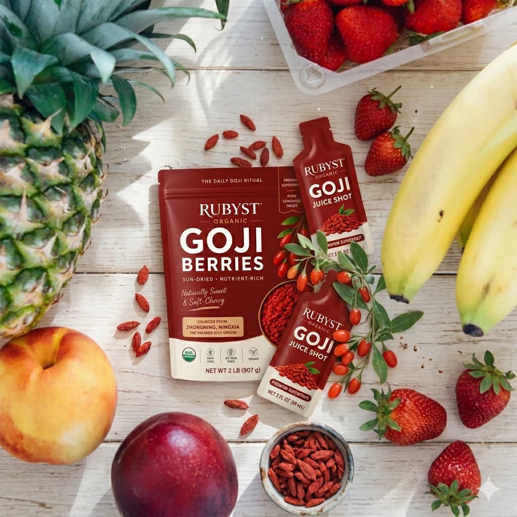 RUBYST goji products with fresh fruit