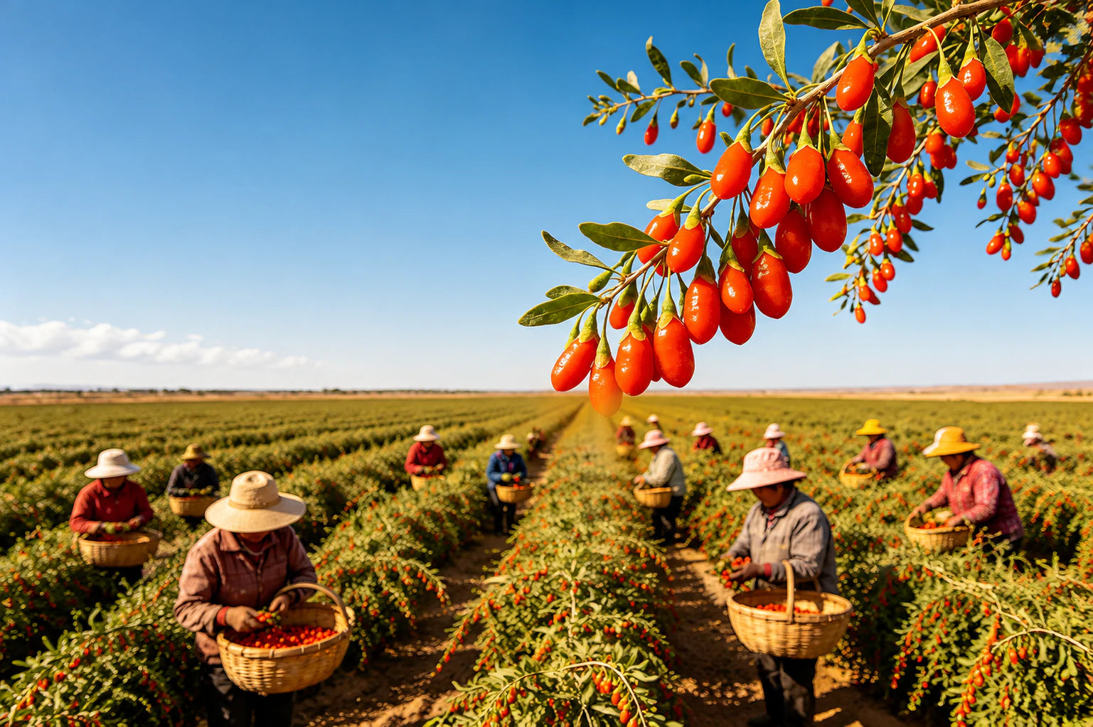 Goji berries growing above a harvest in Zhongning