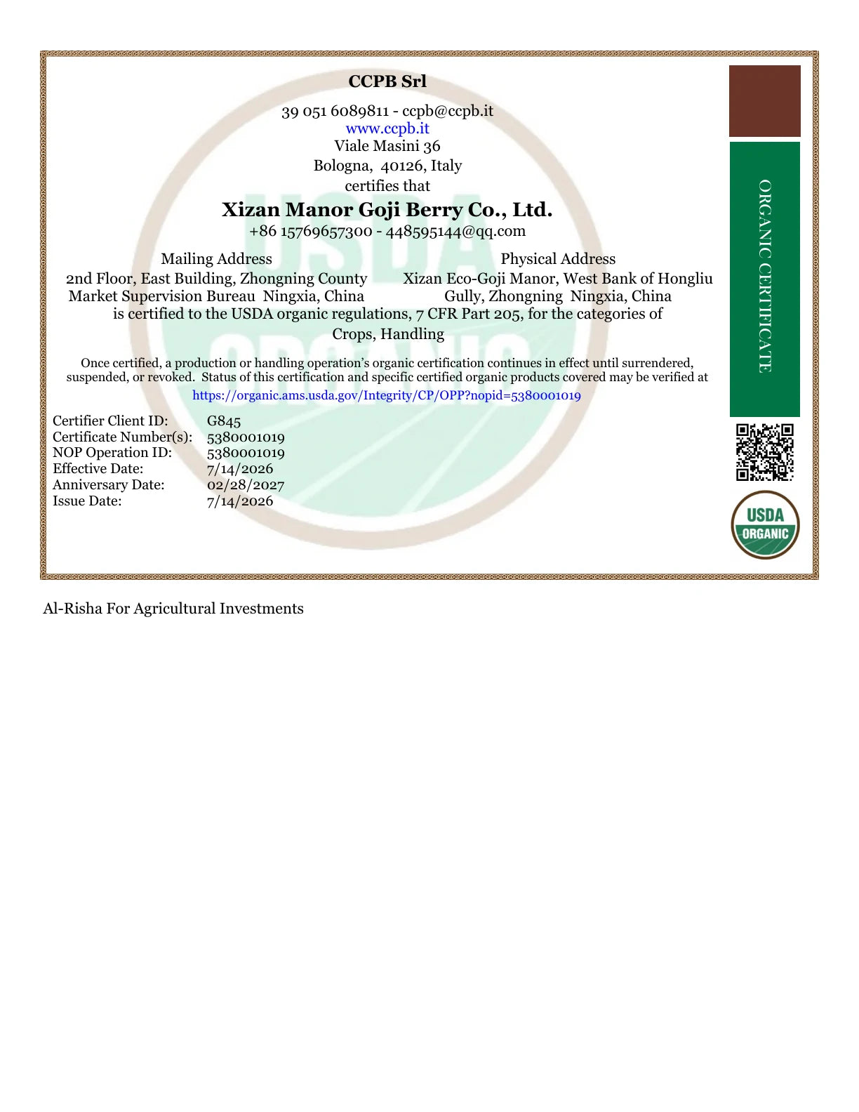 USDA Organic source-operator certificate page 1 for Xizan Manor Goji Berry Co., Ltd.