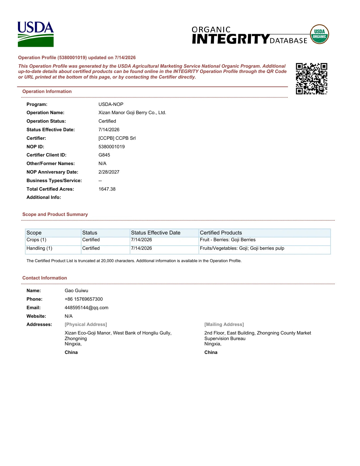 USDA Organic source-operator certificate page 2 for Xizan Manor Goji Berry Co., Ltd.